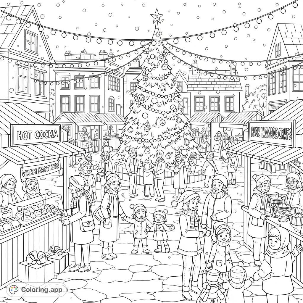 A bustling outdoor Winter Wonderland Festival in a town square, featuring smiling people, festive stalls, a grand Christmas tree, and falling snow.