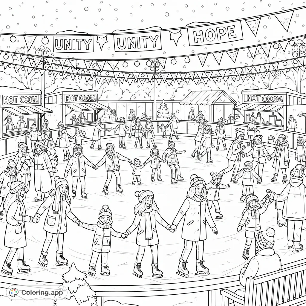 A bustling outdoor ice-skating rink scene filled with joyful families and friends, festive lights, and gentle snowfall, complete with cocoa stands.