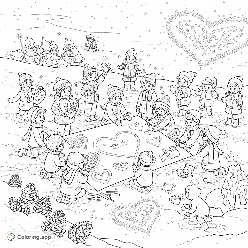 A delightful winter scene where diverse children and friendly snow sprites team up to create a giant Valentine's Day card on a snowy field with ice crystals.