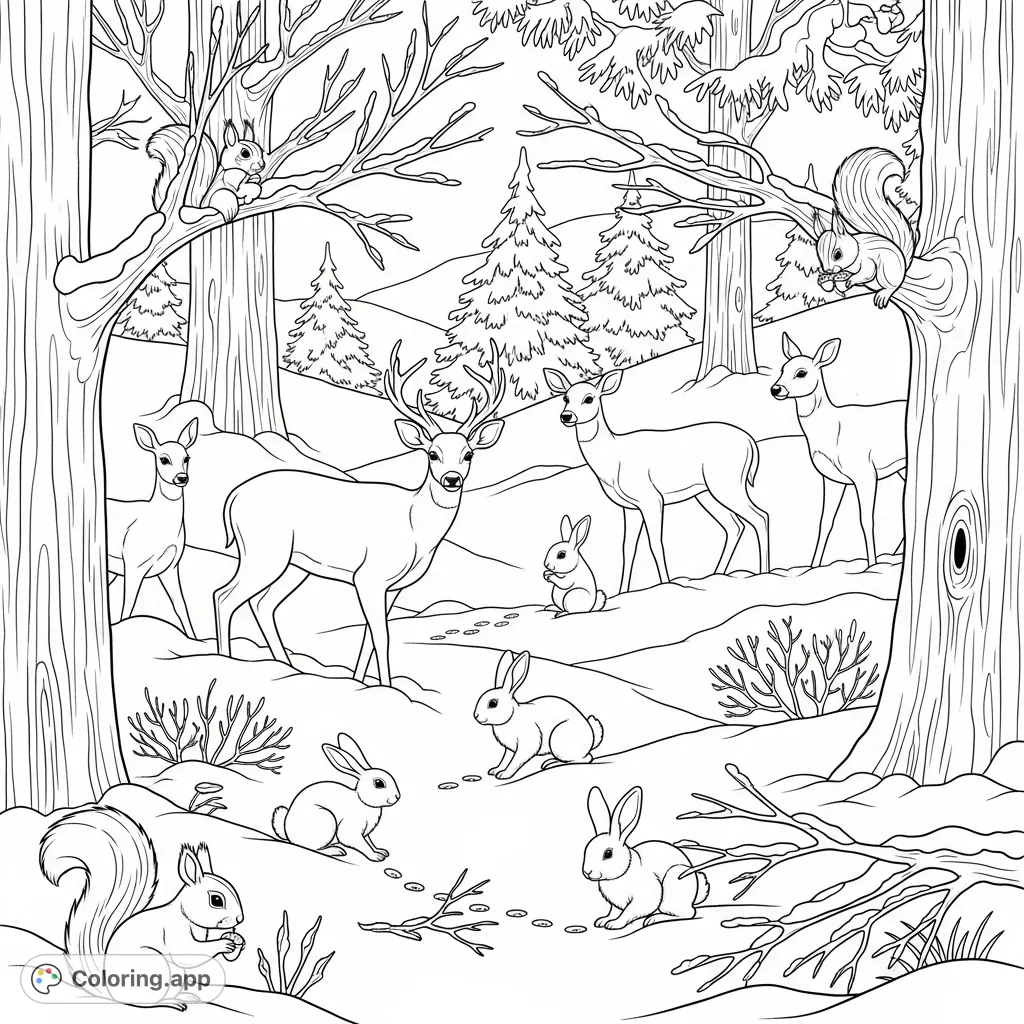 Friendly forest animals explore a serene winter wonderland, leaving tracks in fresh snow amidst snow-dusted trees, capturing the season's quiet magic.