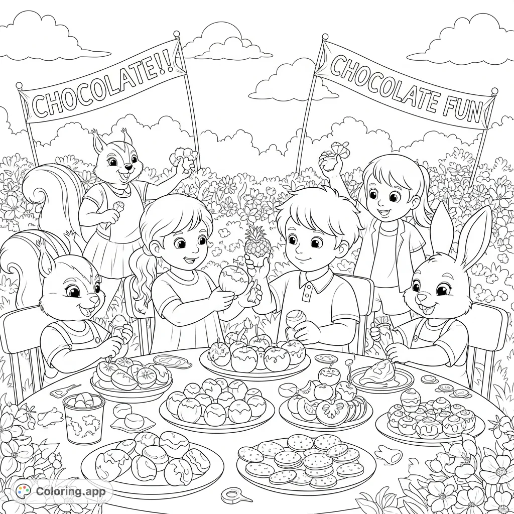 A delightful outdoor scene for World Chocolate Day, featuring children and forest animals decorating and sharing chocolate-dipped treats in a blooming garden.
