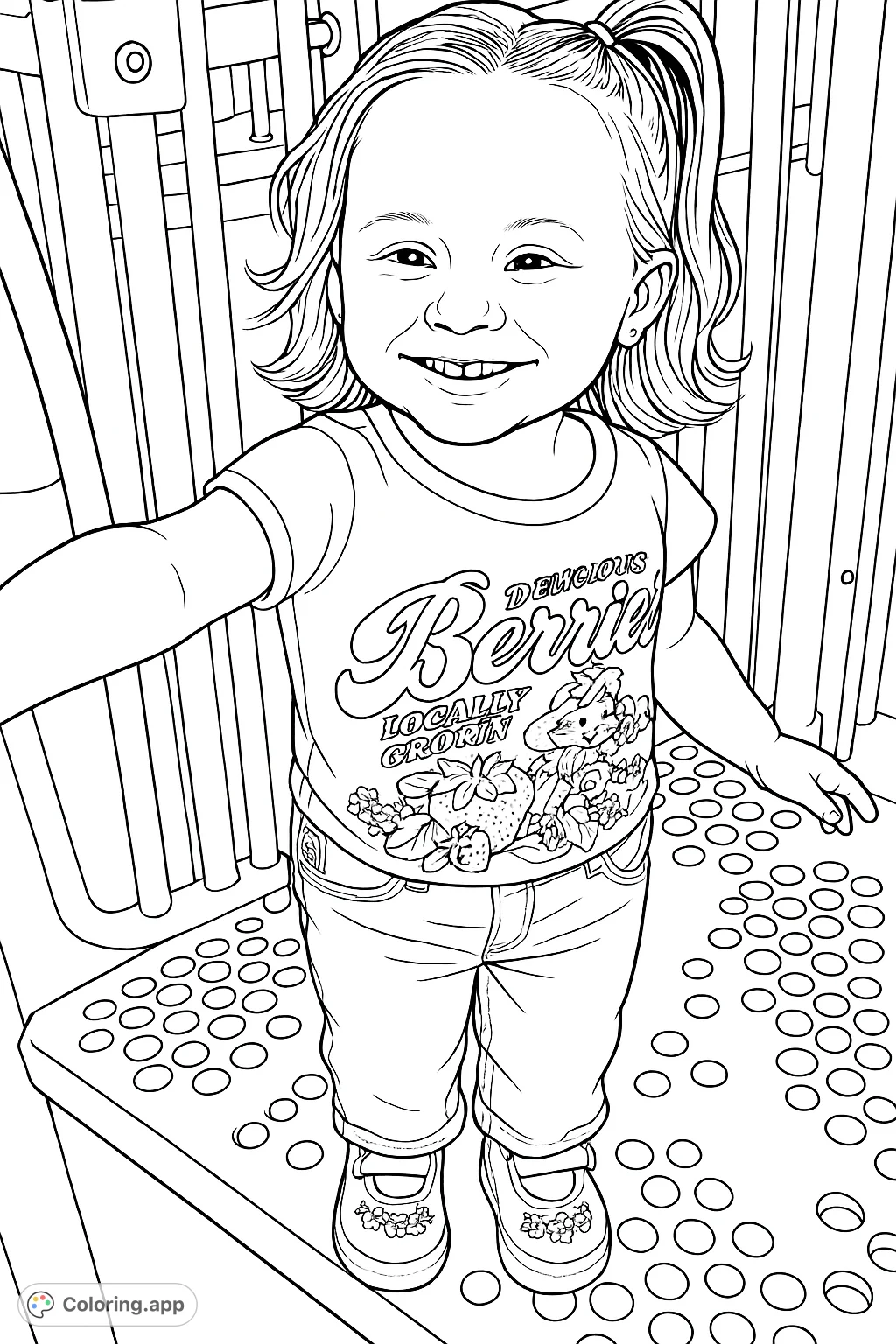 A delightful child smiles on a playground, wearing a fun berry-themed shirt and patterned shoes. Perfect for a joyful coloring experience.