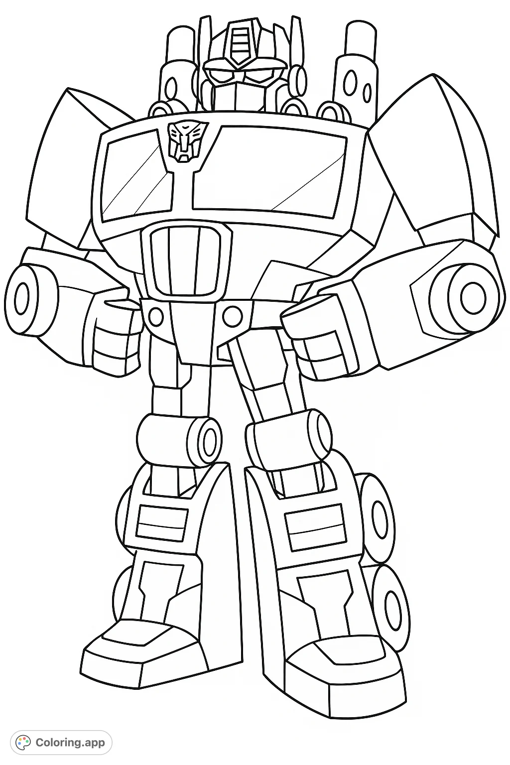 A powerful robot hero stands ready for action. This dynamic coloring page features a detailed mechanical figure, perfect for fans of transforming vehicles and brave leaders.