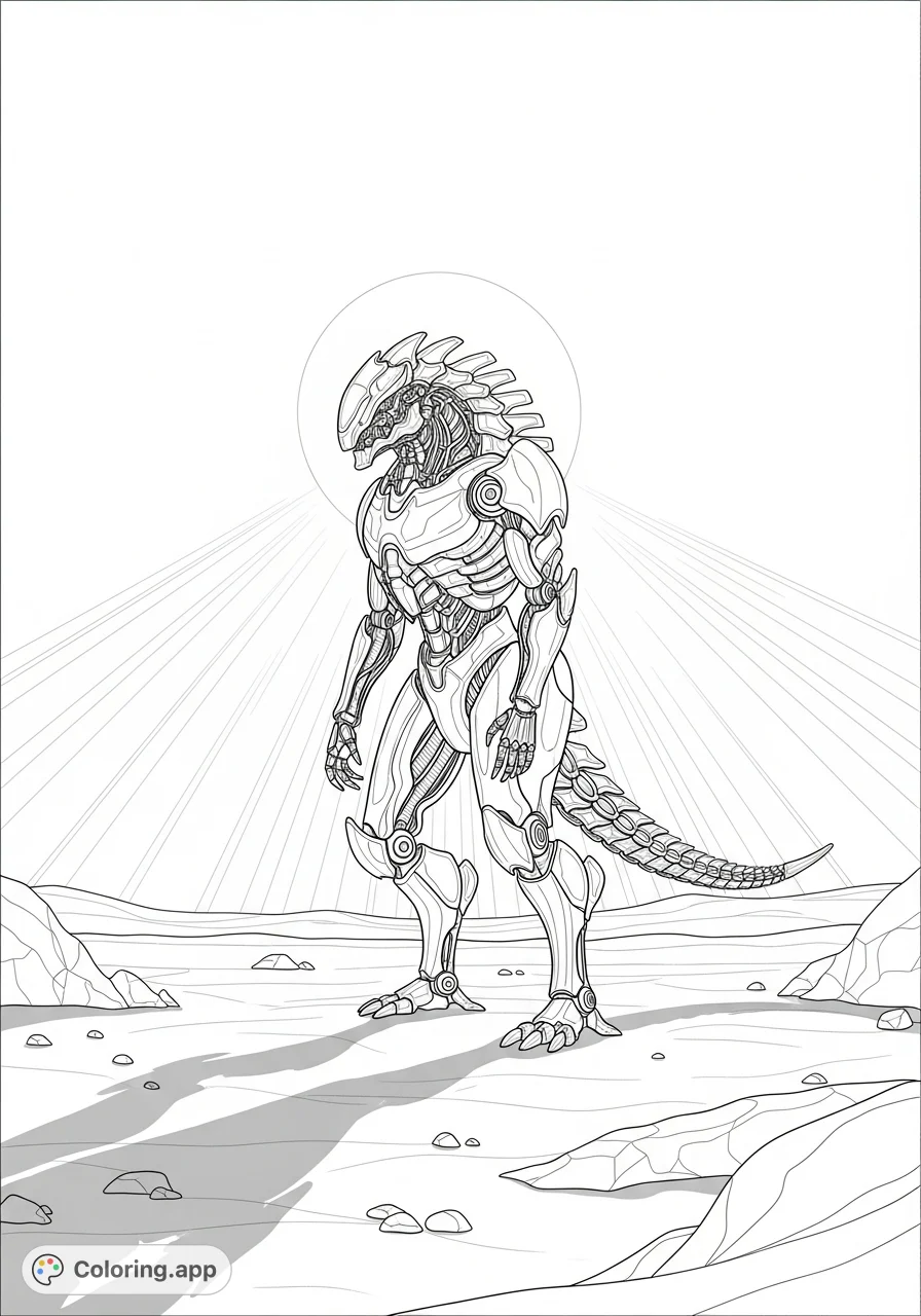 Explore a detailed biomechanical creature in a serene silhouette, bathed in ethereal light rays. A futuristic coloring page for creative minds.