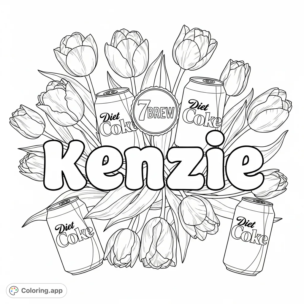A personalized Kenzie coloring page featuring bubble letters, elegant tulips, refreshing Diet Coke cans, and the distinctive 7Brew logo, perfect for a unique creative experience.
