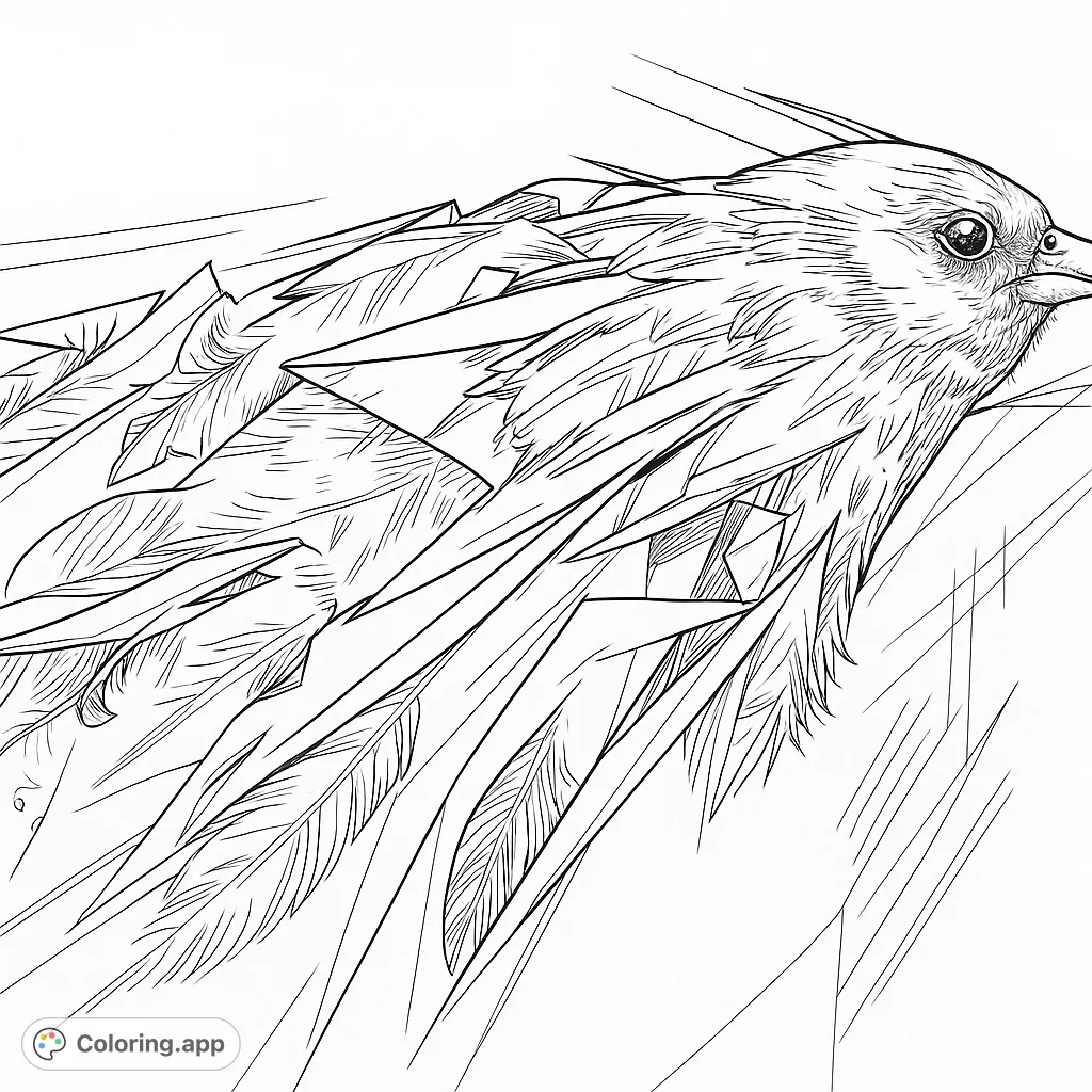 Dynamic bird with geometric and feathered forms, set against an abstract background, offering a unique coloring experience.
