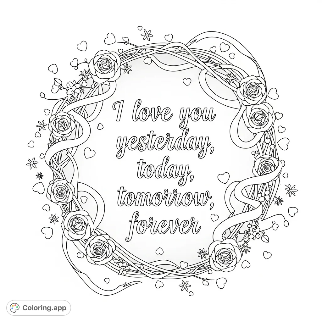 A heartfelt coloring page featuring the enduring message "i love you yesterday, today, tomorrow, forever" surrounded by delicate romantic motifs.