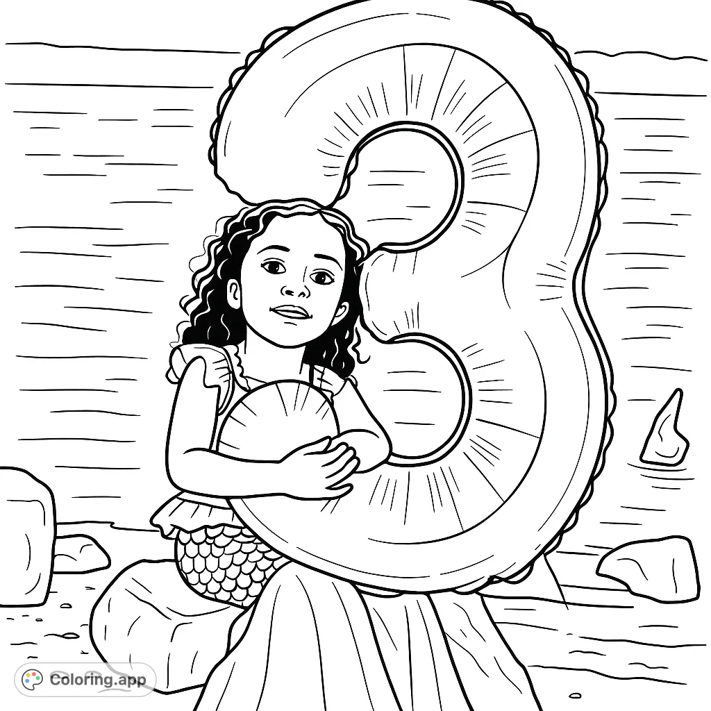 A delightful mermaid girl celebrates her special day by the water, surrounded by balloons and rocky shores. Perfect for a birthday mermaid coloring page.