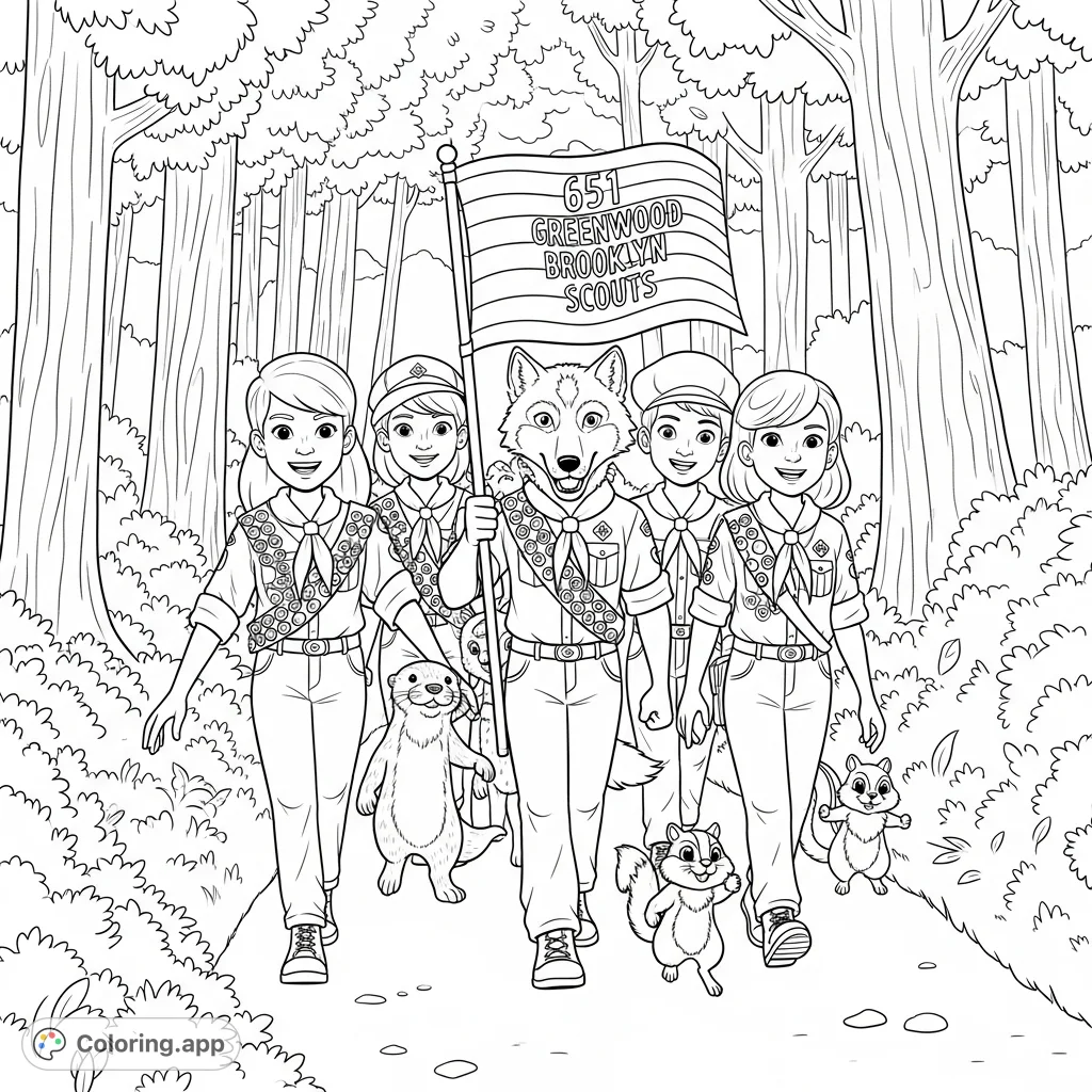 Join happy teenage scouts and their forest animal friends, including an otter, chipmunk, and wolf holding a striped flag, on a cheerful forest adventure.