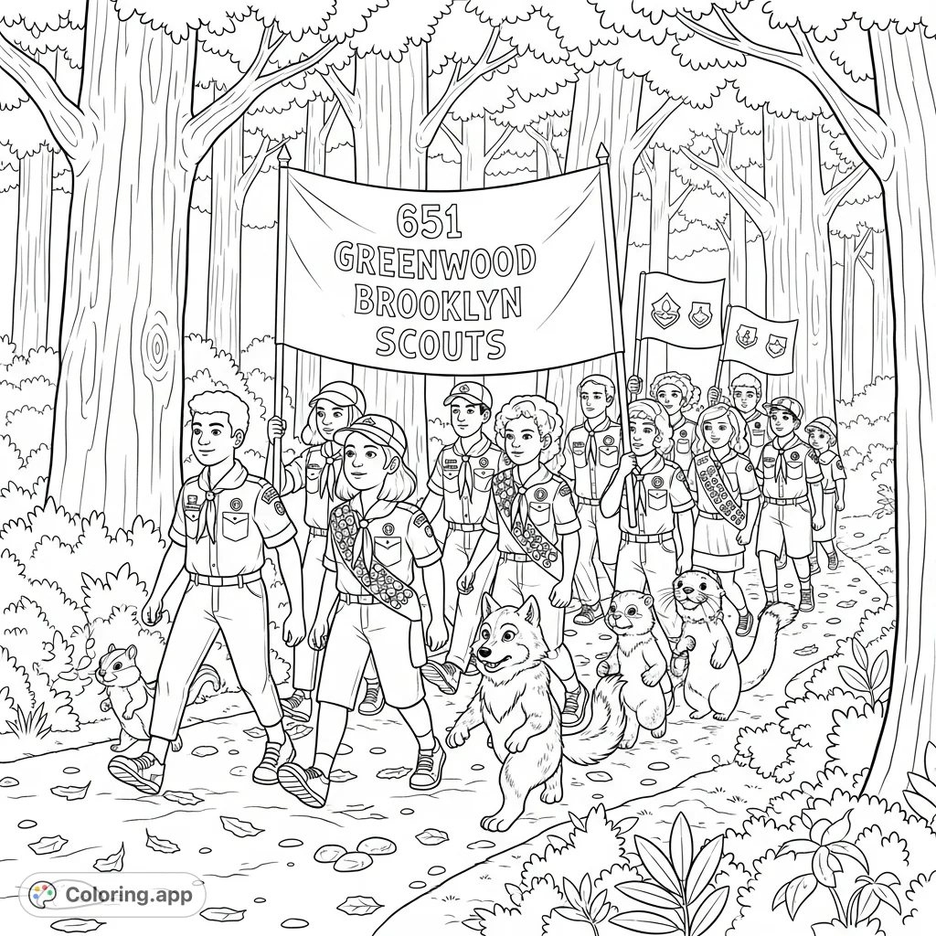 Join a diverse group of teenage scouts leading a charming parade of a chipmunk, wolf, and otter through a detailed forest scene. A delightful adventure!