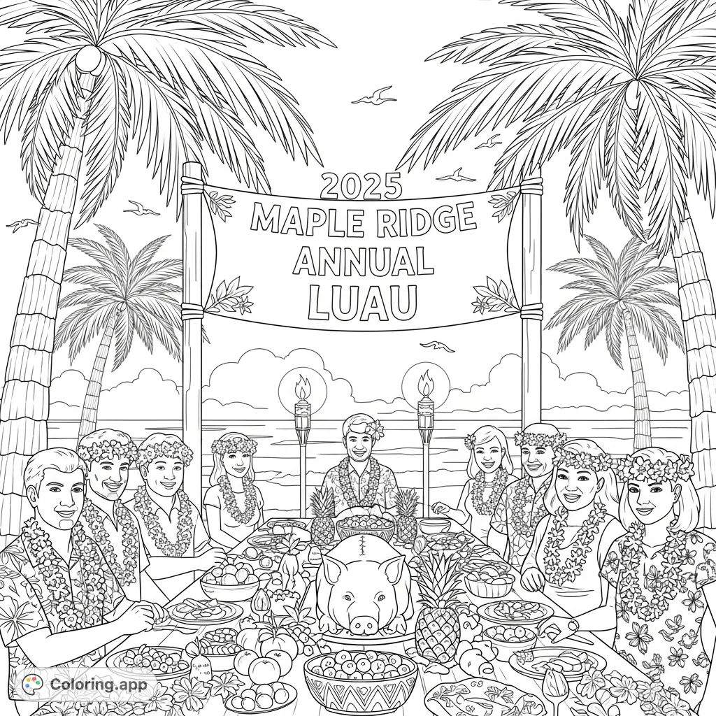 Celebrate the 2025 Maple Ridge Annual Luau with this tropical coloring page! Features festive guests, a feast, palm trees, and tiki torches.