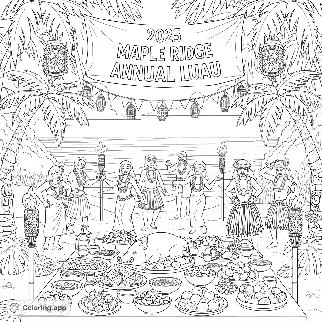 Immerse yourself in a festive luau scene featuring dancers, a grand feast, and tropical decorations, perfect for a Hawaii theme coloring page.
