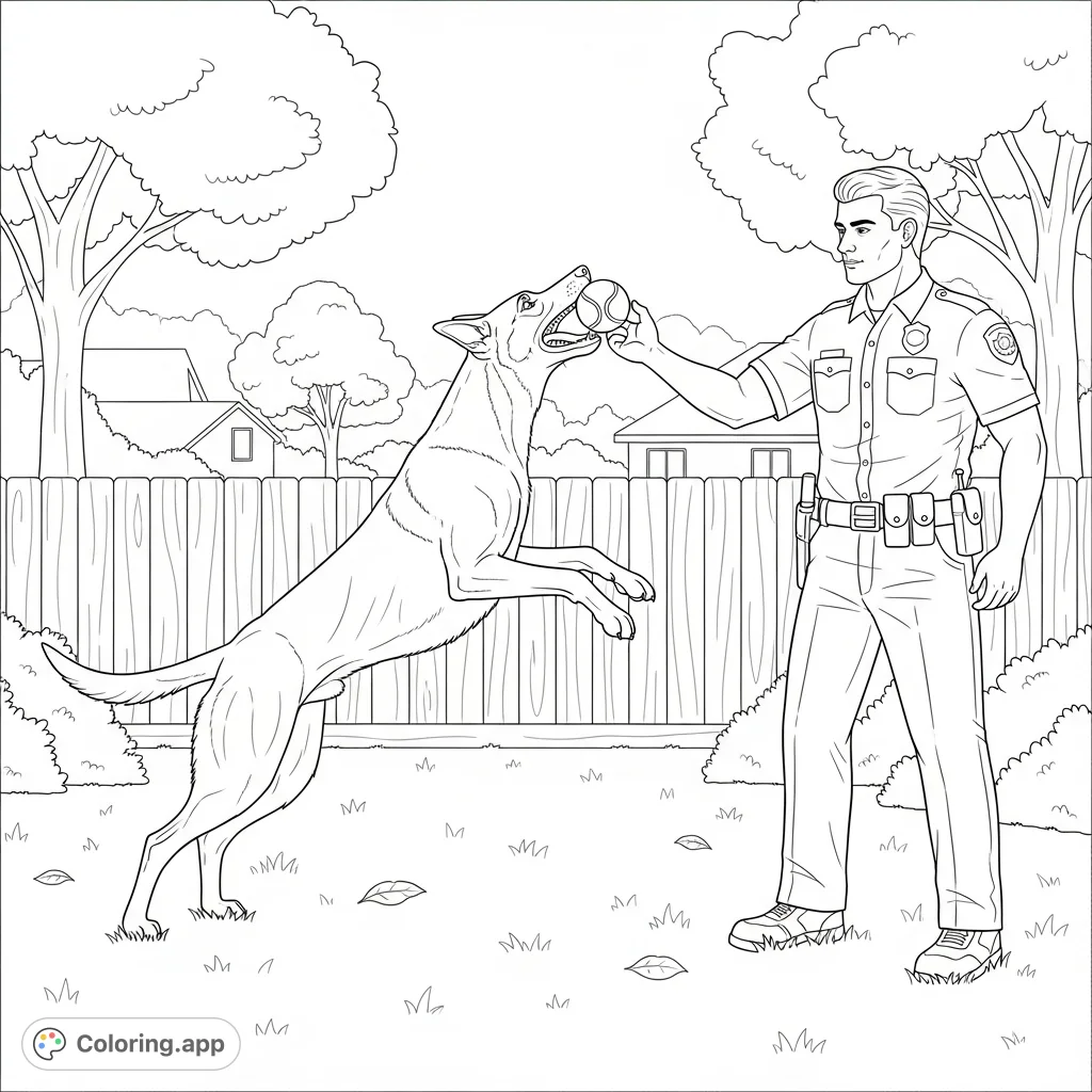 A dynamic Belgian Malinois leaps to catch a ball from its police officer handler in a detailed backyard scene, perfect for dog and hero enthusiasts.