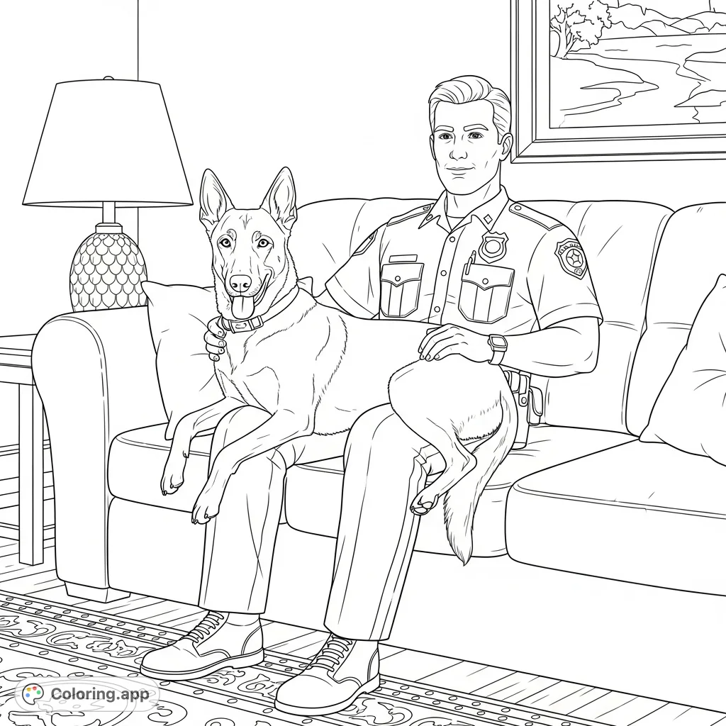 A loyal Belgium Malinois rests on a police officer's lap in a cozy living room, depicting a heartwarming bond between partners.