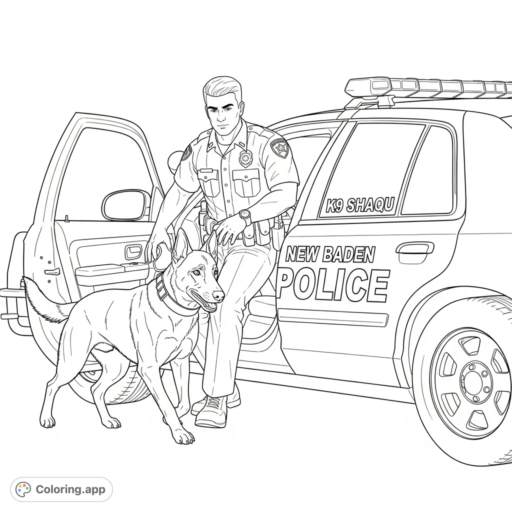 A brave Belgium Malinois K9 Shaqu and his police officer partner exit a New Baden Police car, ready for duty. A detailed scene for K9 enthusiasts.