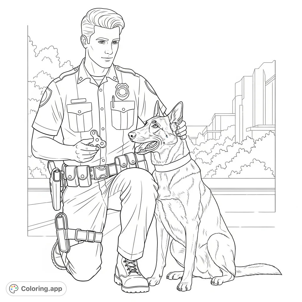 A dedicated police officer kneels to pet and reward his loyal Belgium Malinois K9 partner with a treat, set against a subtle outdoor backdrop.