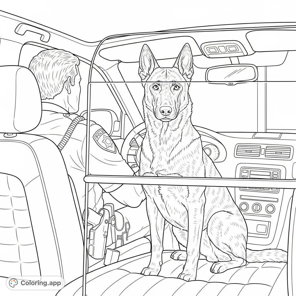 A brave Belgium Malinois K9 and its police officer partner on patrol in their cop car. A detailed scene for a police dog coloring page adventure.