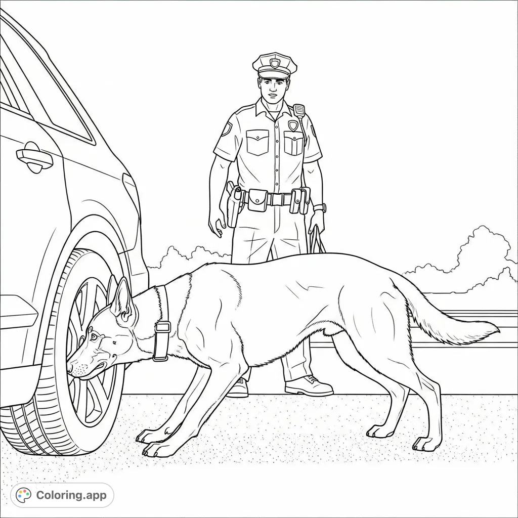 A detailed police dog coloring page featuring a Belgian Malinois and officer searching a vehicle. Perfect for K9 enthusiasts and aspiring law enforcement.