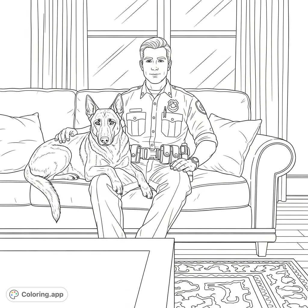 A heartwarming scene featuring a male Belgium Malinois resting on a police officer's lap in a cozy living room. Perfect for celebrating K9 heroes!