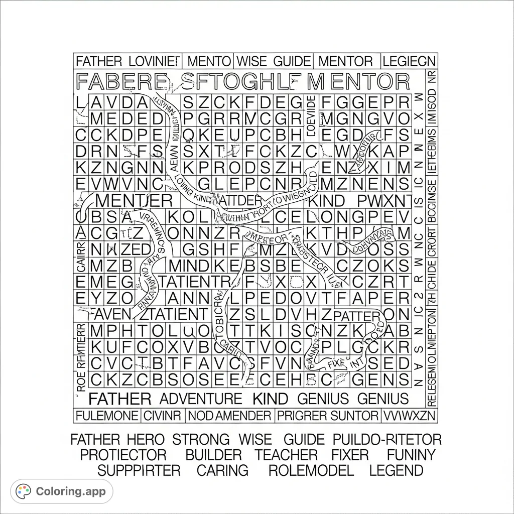 A challenging word search puzzle designed for dads, featuring a dense grid of letters and a list of hidden words related to fatherhood. Perfect for an engaging activity.