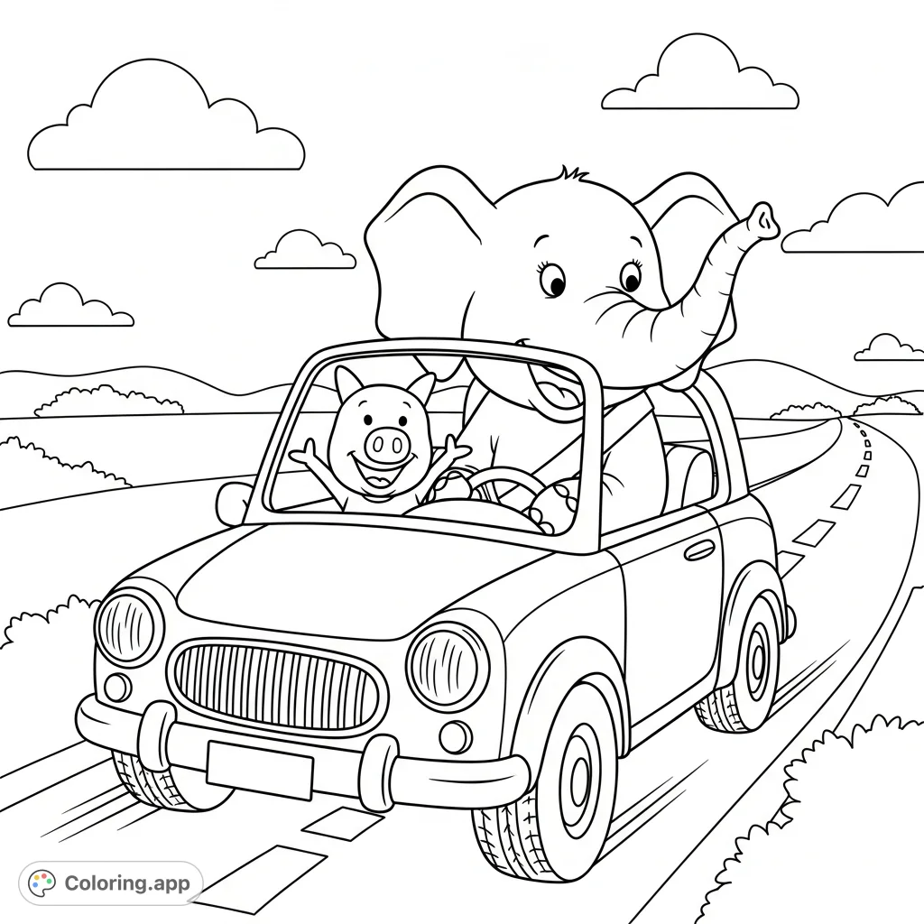 Join Elephant and Piggie on a joyous car ride! This delightful coloring page captures their cheerful adventure, perfect for fans of all ages.