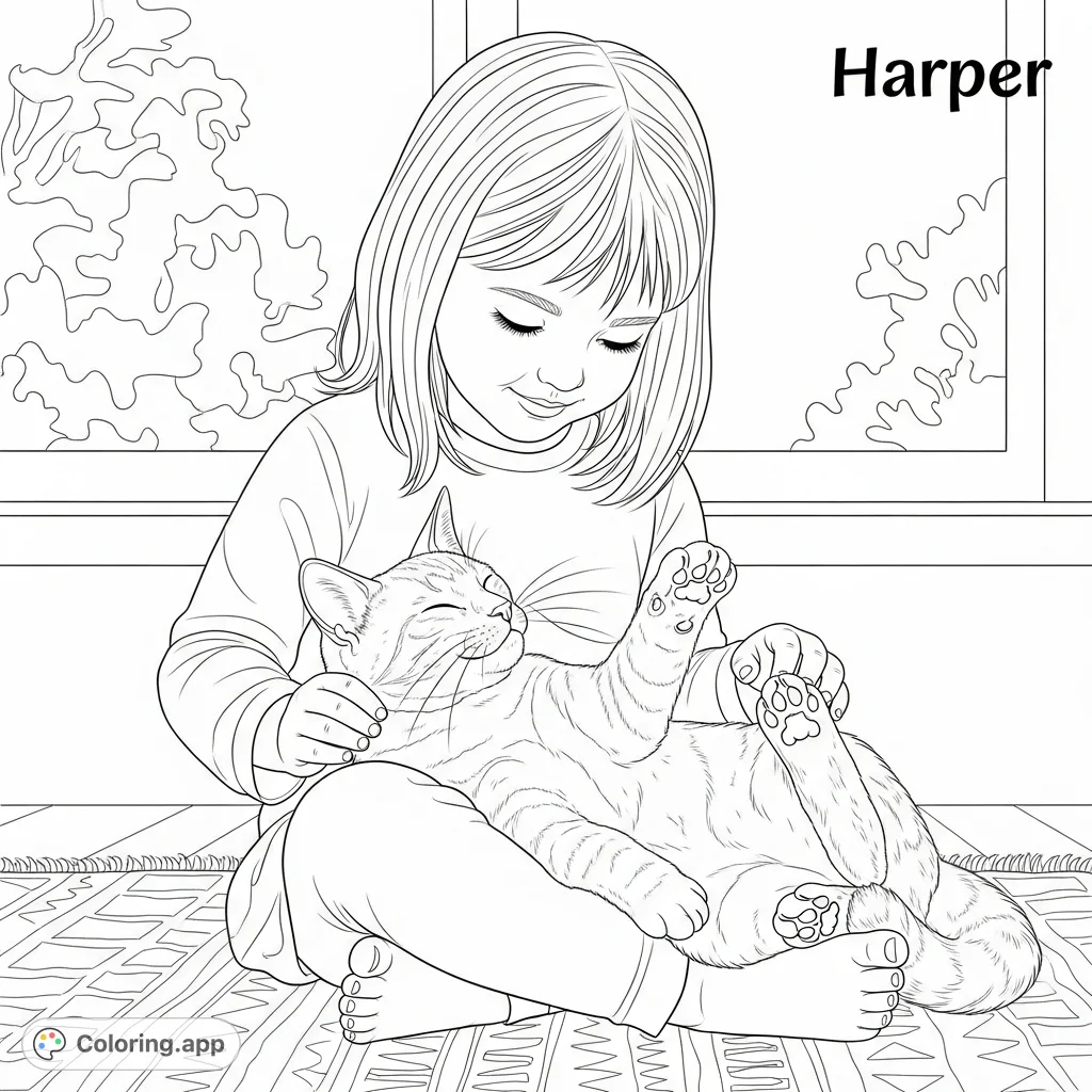 A heartwarming Harper and Boji coloring page featuring a young girl and her unique five-toed cat. Perfect free printable coloring page for animal lovers of all ages.