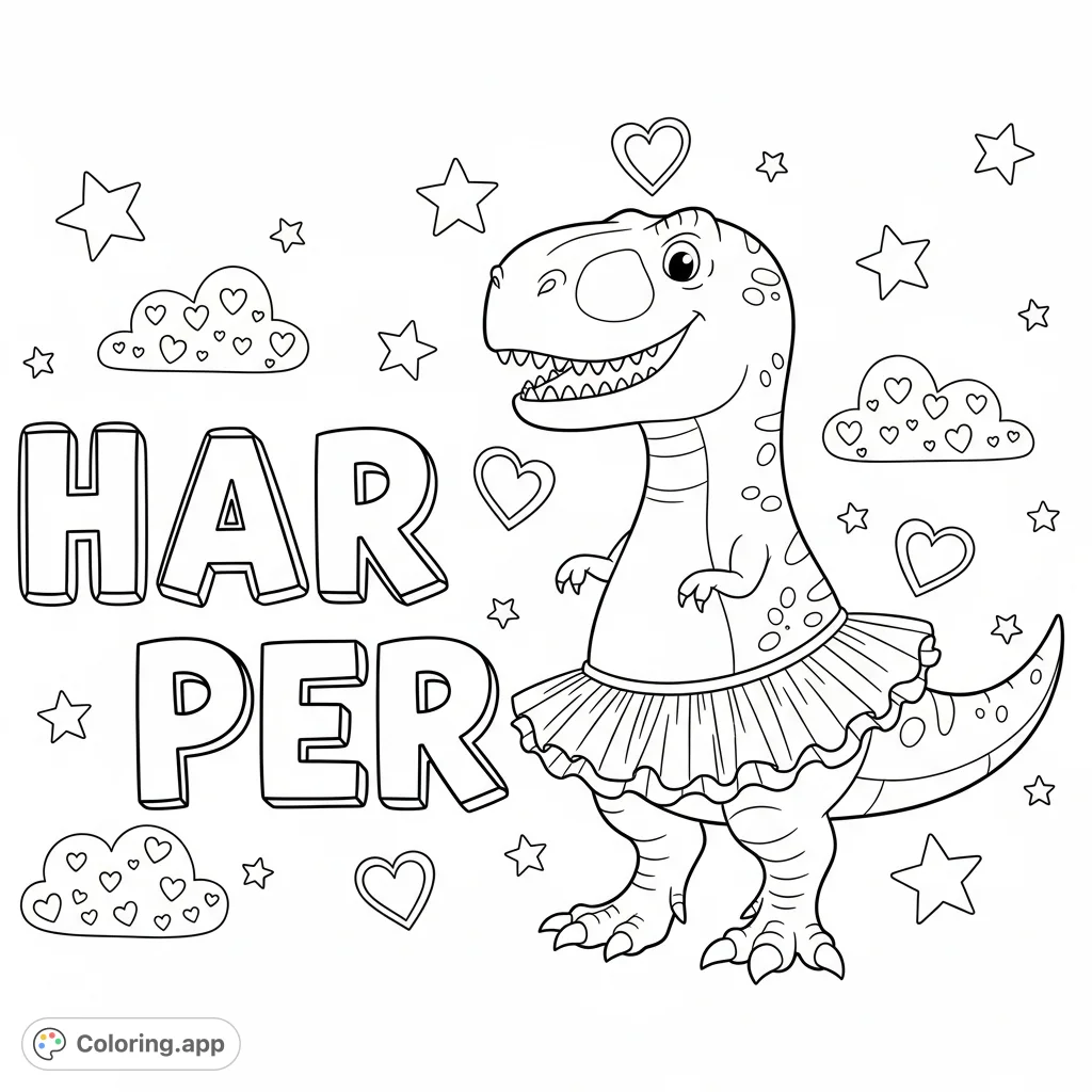 A delightful HARPER coloring page featuring a charming dinosaur in a fluffy tutu amidst stars and clouds. Perfect for personalized fun!