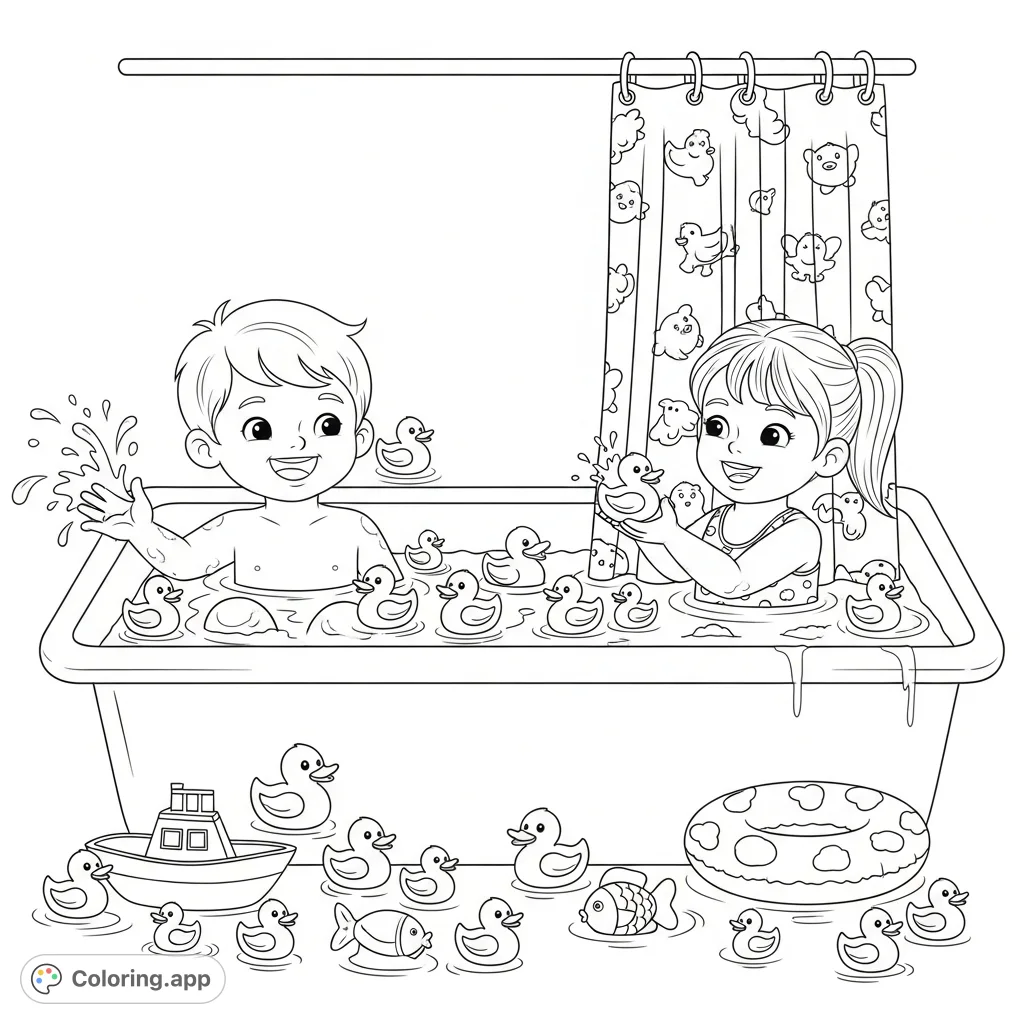 A delightful scene of a little boy and girl enjoying a bubbly bath, surrounded by a cheerful fleet of rubber duckies and various playful bath toys.