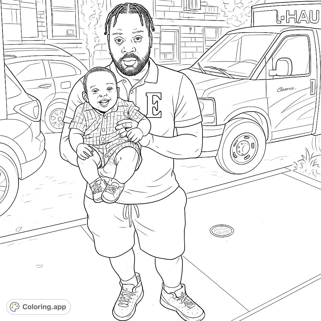 A heartwarming father and baby coloring page, capturing a tender moment in an urban setting. Perfect for celebrating family connections and love.
