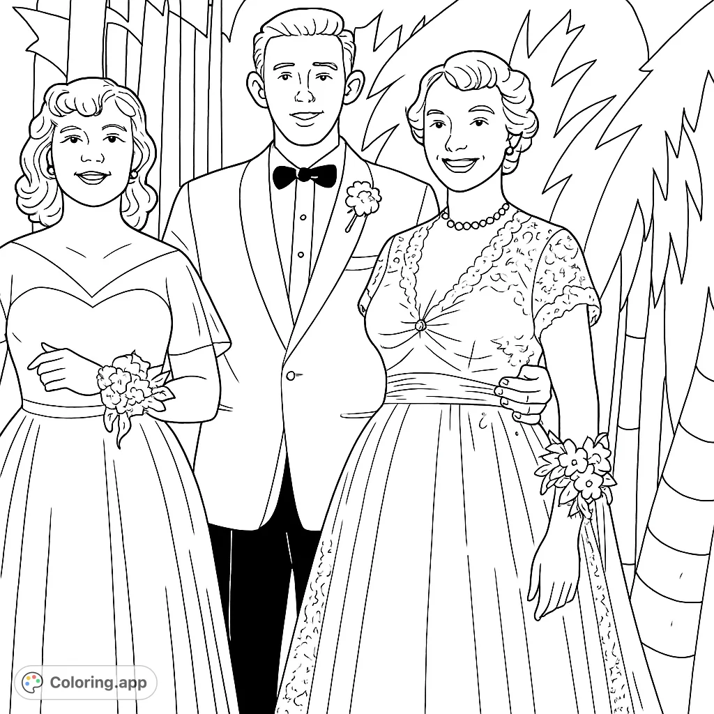 A charming vintage scene featuring a young man in a tuxedo with two women in elegant gowns, perfect for a nostalgic coloring experience.