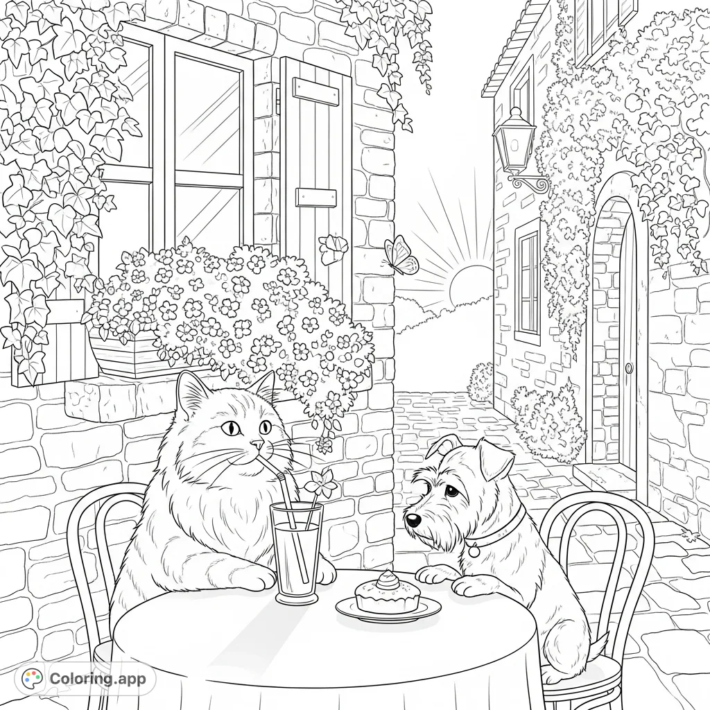 A charming scene of a fluffy cat and a terrier dog enjoying a morning at a European cafe, complete with a pastry, a drink, and blooming flowers.