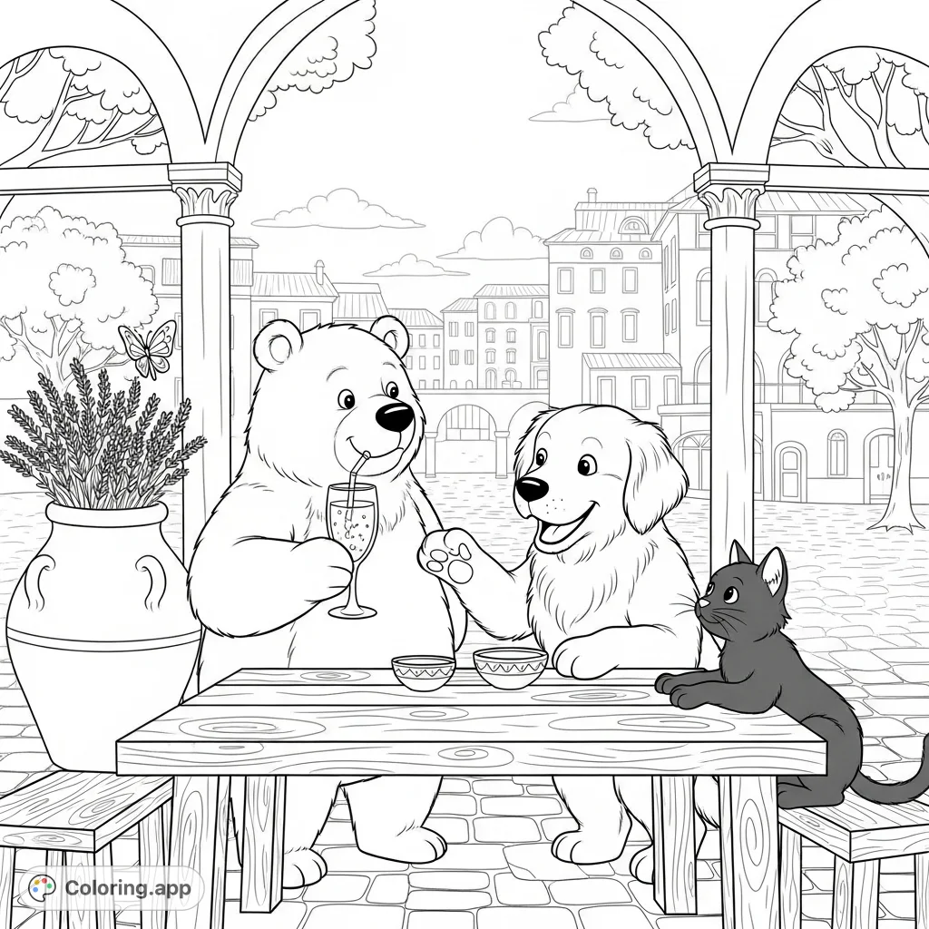 A delightful European piazza scene featuring a bear, golden retriever, and cat enjoying a sunny day. Perfect for a charming animal friends coloring page adventure.