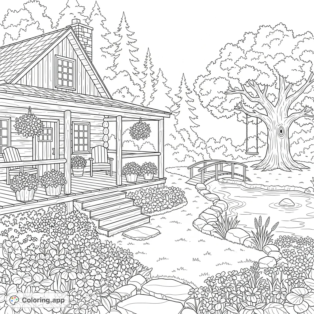 Discover a charming, secluded cabin nestled in a dense forest, featuring a wrap-around porch, a blooming garden, and a serene pond with a tree swing.
