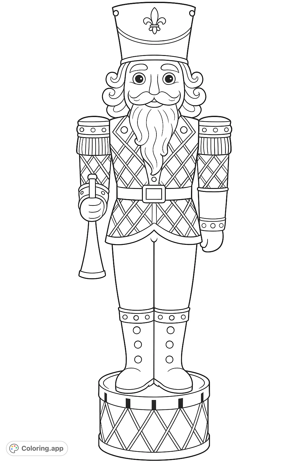 A grand nutcracker soldier stands tall, adorned in a detailed uniform with a patterned jacket and a majestic hat, ready to bring festive cheer.