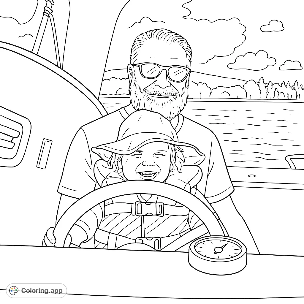 A heartwarming scene of a child at the helm of a boat with their smiling grandfather, enjoying a day on the water. Perfect for family fun.