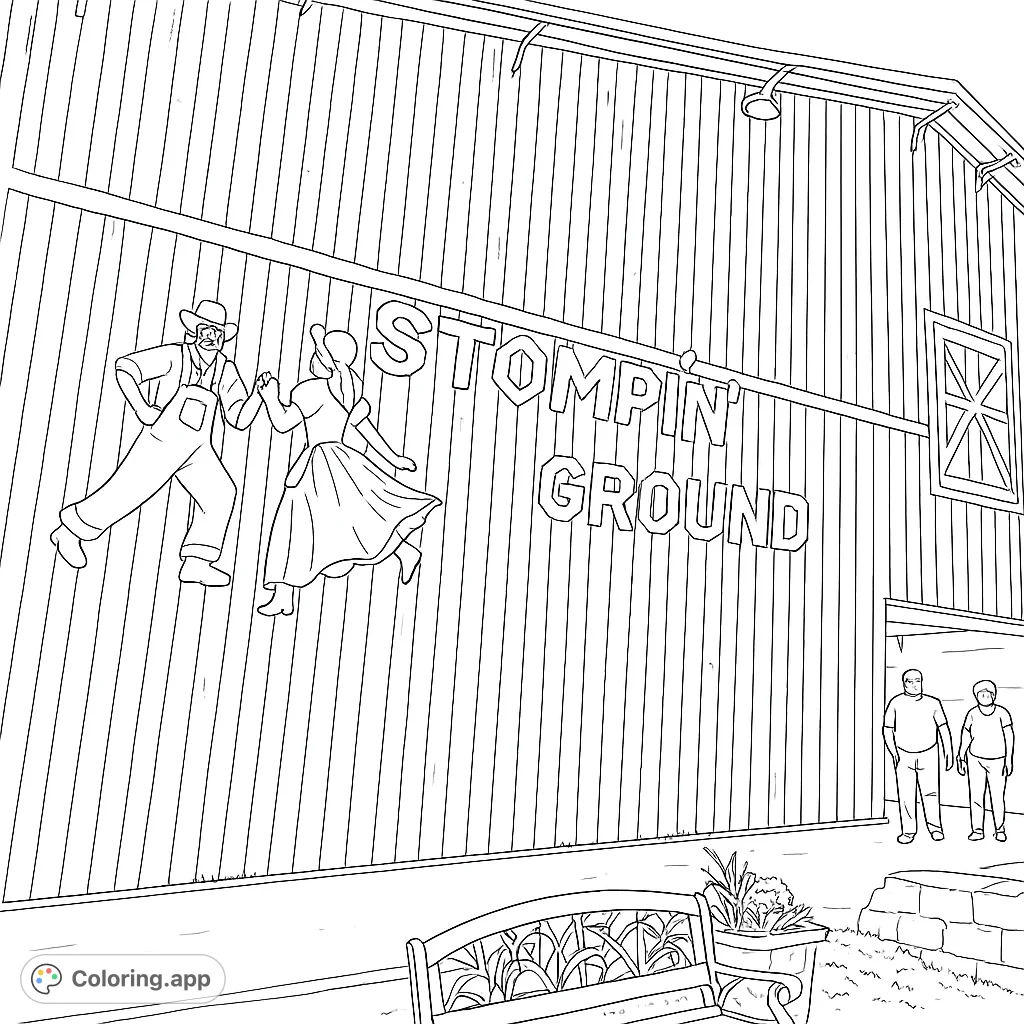A lively folk dance scene on a rustic barn, featuring dancing figures and the 'Stompin' Ground' sign. Perfect for country music and dance enthusiasts.