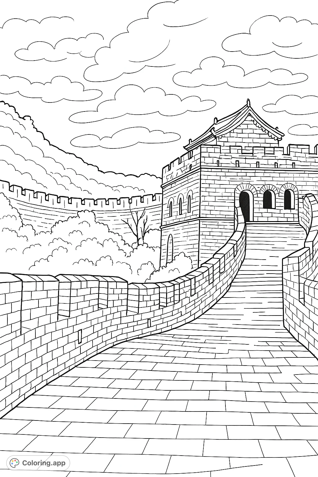 Explore the majestic Great Wall of China, featuring a grand watchtower and winding path amidst rolling hills. A detailed architectural adventure.