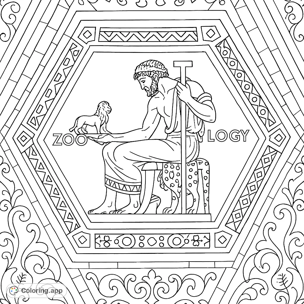 A classical scholar sits, holding a lion sculpture, framed by intricate geometric patterns. A detailed and symbolic scene for thoughtful coloring.
