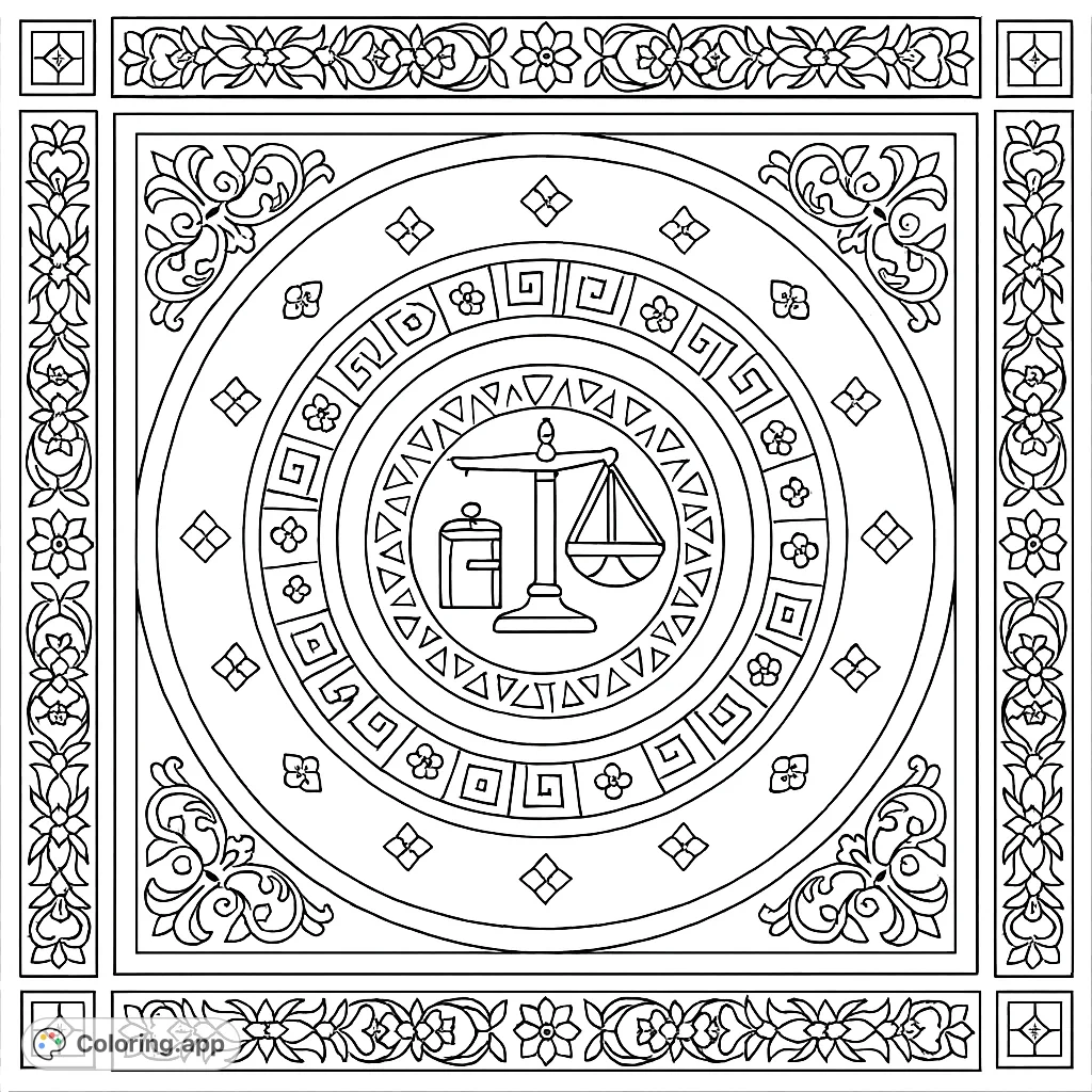An intricate geometric mosaic featuring a central industrial emblem, surrounded by concentric patterns and elaborate borders. A detailed design for focused coloring.