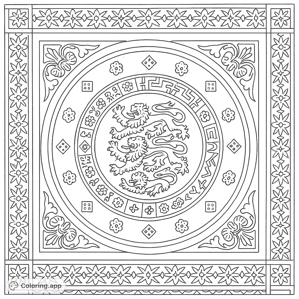An intricate heraldic emblem featuring three lions and 'The Royal Society' text, surrounded by elaborate floral and geometric patterns within a decorative square frame.