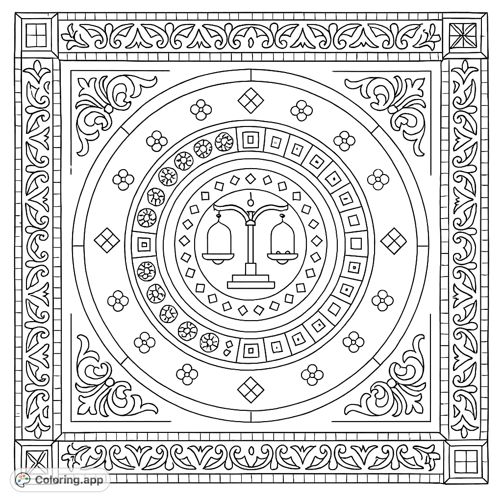 An intricate coloring page featuring a central balance scale surrounded by ornate concentric patterns and a decorative square frame, perfect for detailed coloring.