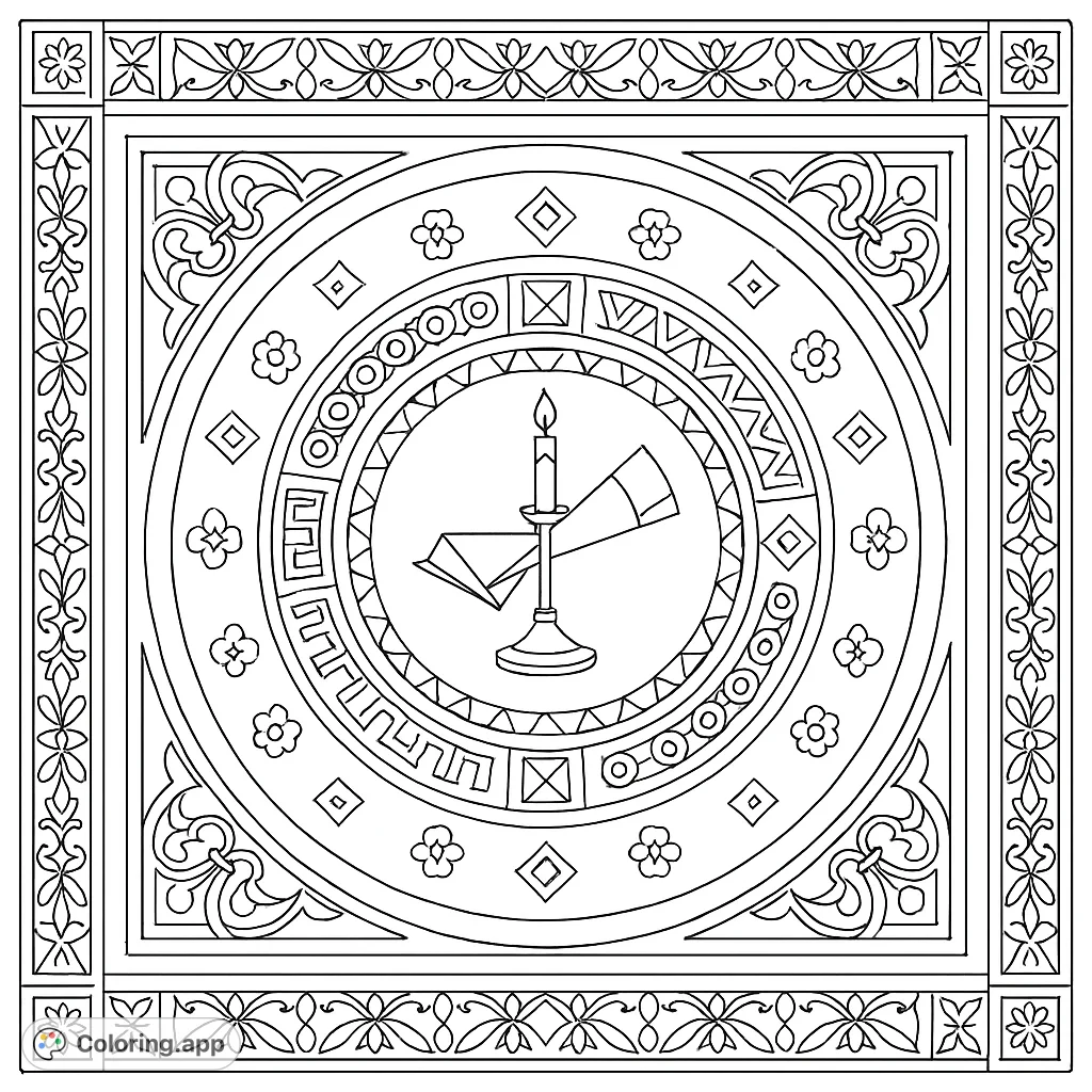 Intricate medallion with a central scientific instrument surrounded by detailed geometric and floral patterns, perfect for mindful coloring.