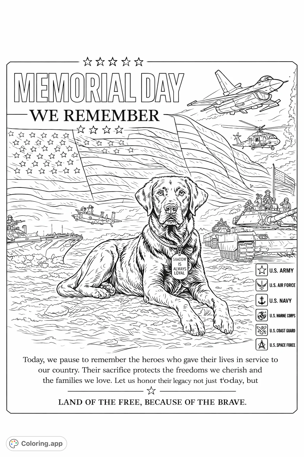 Honor and remembrance come to life with a loyal dog, waving flag, and detailed military elements. A powerful patriotic scene for thoughtful coloring.