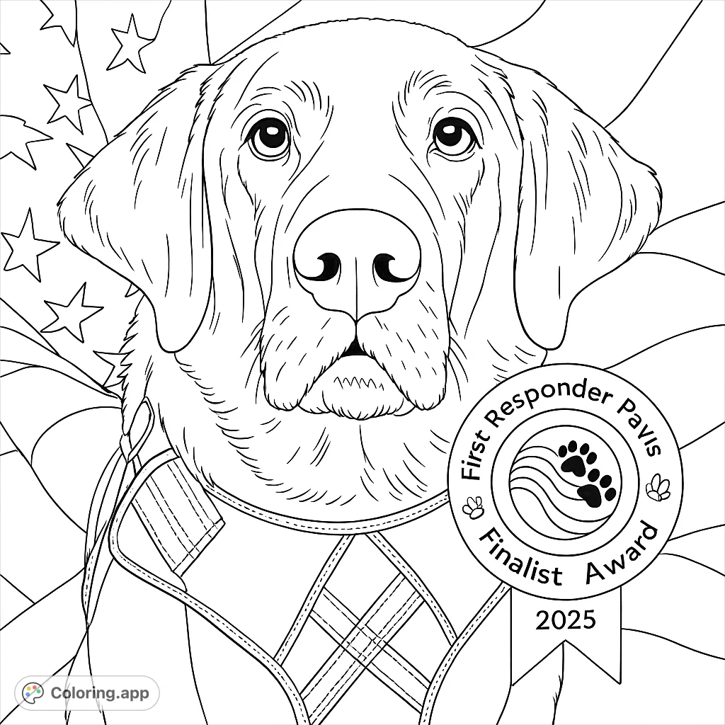A noble Labrador wearing a harness, set against a waving flag, with a special award badge. Perfect for patriotic themes and honoring service animals.