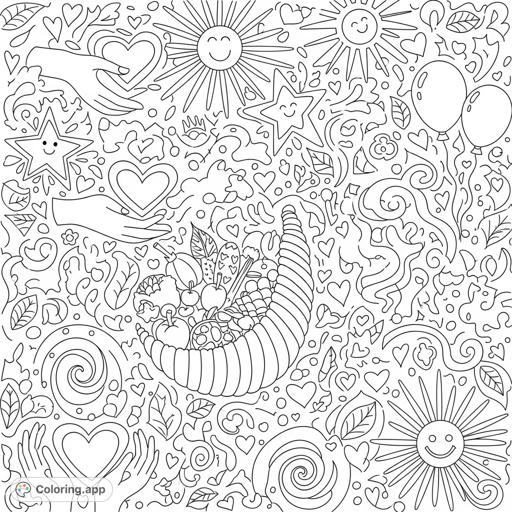 A heartwarming thankfulness coloring page filled with symbols of joy, community, and kindness. Perfect for fostering positive feelings.