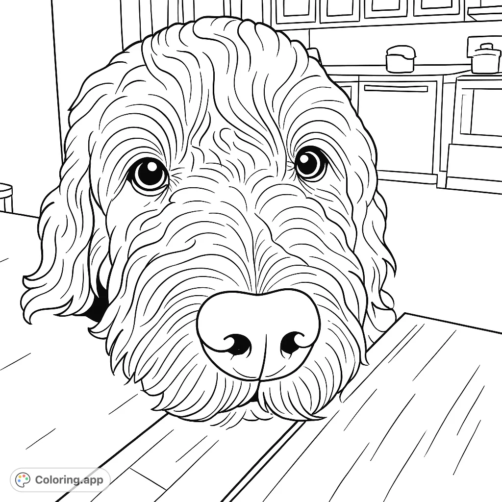 A charming fluffy dog rests its head on a table, gazing forward with expressive eyes. A delightful pet coloring page for all ages.
