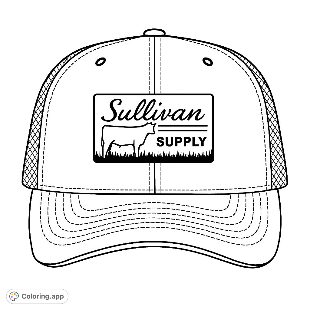 A detailed coloring page of a classic baseball cap featuring a prominent rectangular patch with a cow silhouette and text, perfect for custom designs.