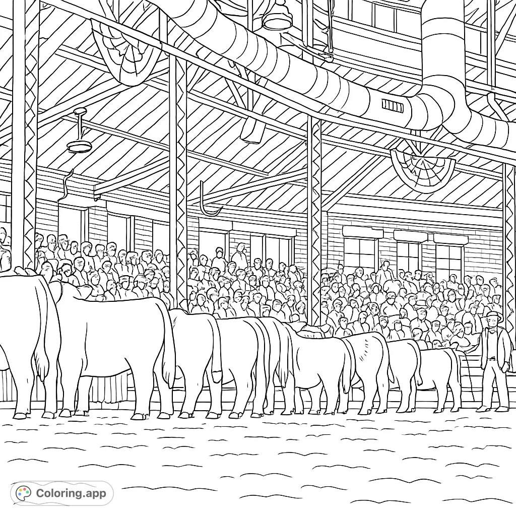 Experience the excitement of a cattle show with this detailed coloring page featuring a line of livestock, a bustling crowd, and an intricate arena setting.