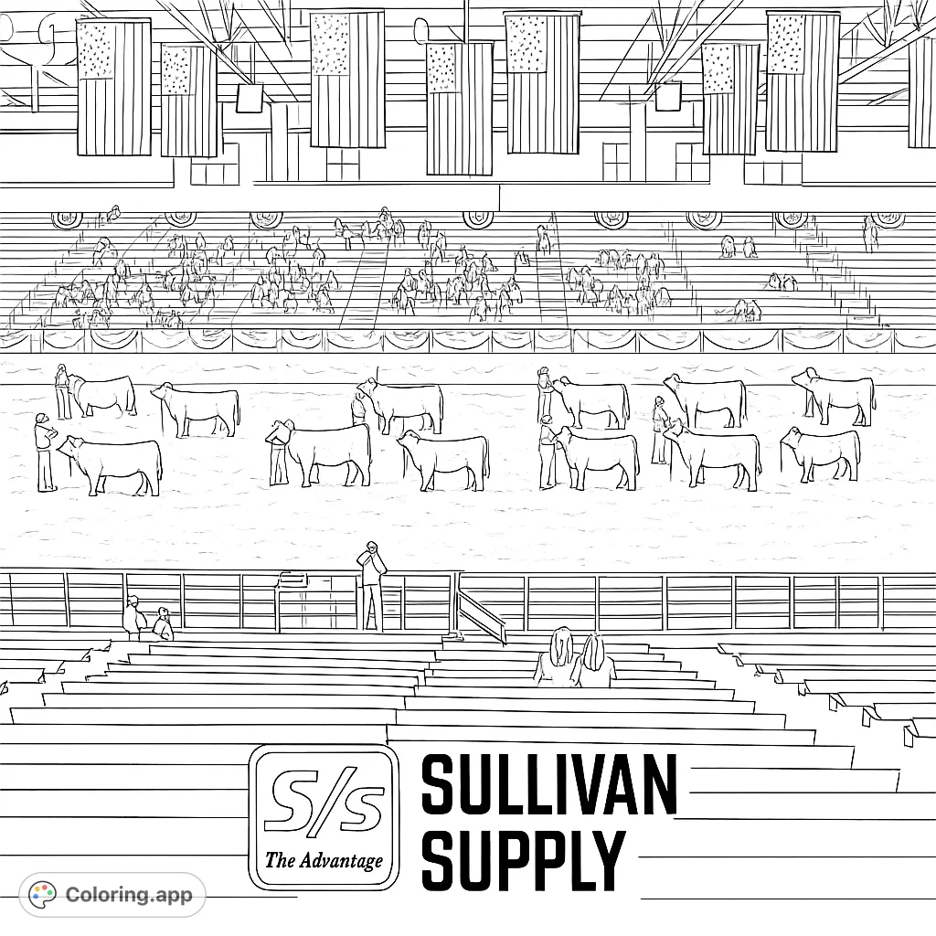 A dynamic cattle show scene with handlers and their animals in a large arena, surrounded by spectators and hanging flags, perfect for detailed coloring.