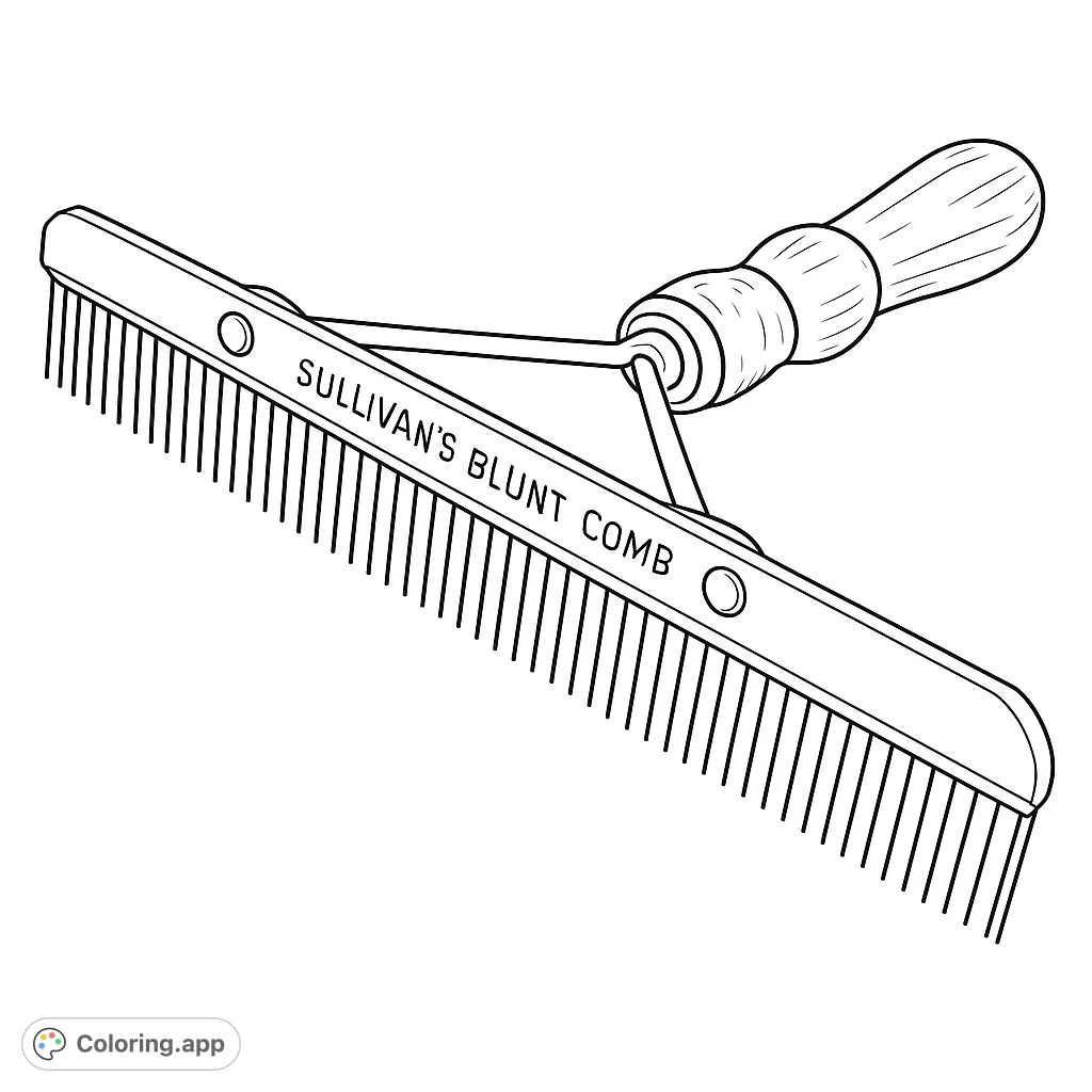 A detailed blunt comb coloring page, perfect for precision coloring. Features a long metal bar with many teeth and a contoured handle.
